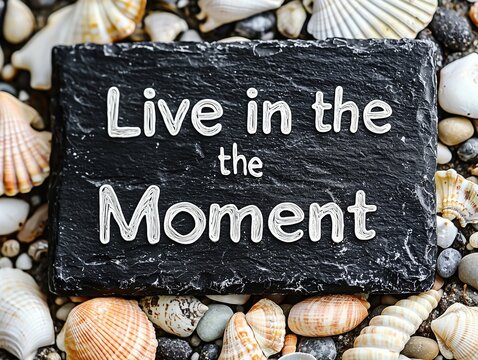 A slate sign with the phrase Live in the Moment surrounded by various seashells and pebbles.