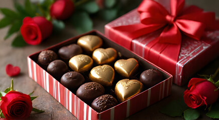 Chocolates in a red and white striped gift box, surrounded by fresh red roses and green leaves, creating a romantic and luxurious atmosphere.