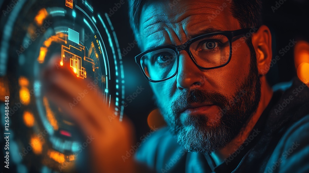 Poster man with glasses interacts with a futuristic holographic interface.