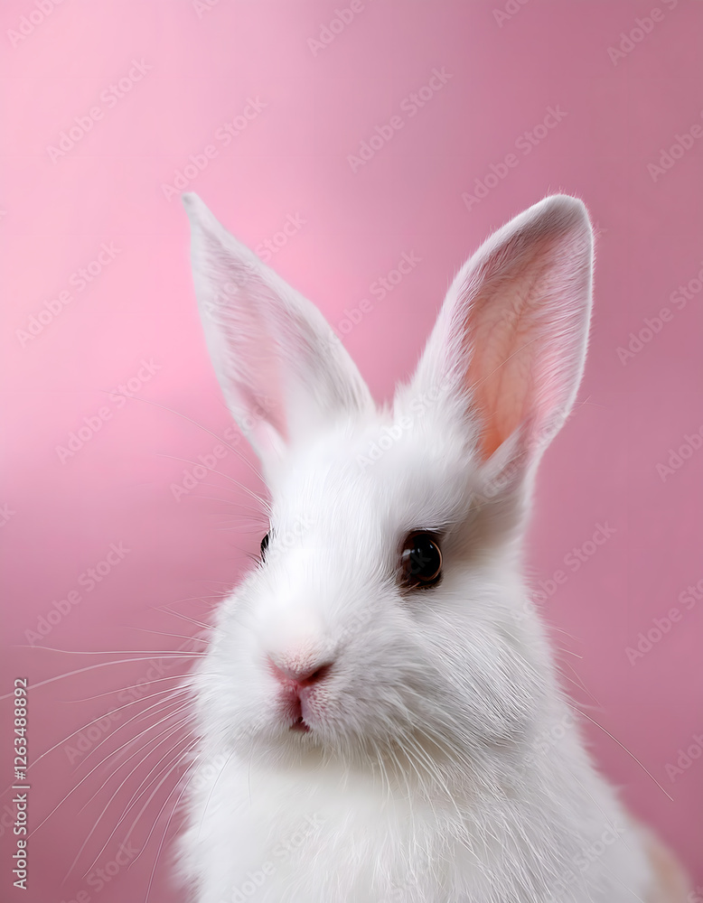 Poster a close-up of a white rabbit against a soft pink backdrop, its delicate features and inquisitive gaz