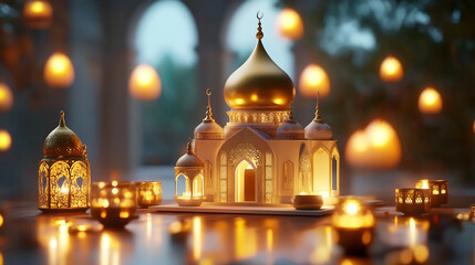 Obraz premium Elegant Ramadan Iftar Table with Lanterns – Festive Islamic Decor for Celebrations & Marketing