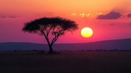 Fototapeta premium A stunning sunset casts vibrant colors over the African savannah, featuring a solitary tree silhouetted against the dramatic sky.