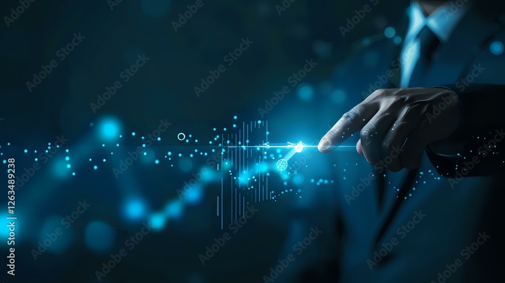 Poster finger touching digital graph with glowing blue light effect, showing financial market data analysis