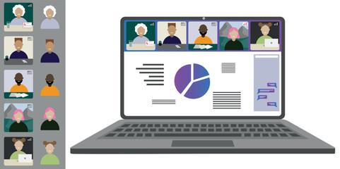 Video call conference, working from home. Colleagues of different nationalities and ages talk to each other on the laptop screen. Isolated illustration on white background in flat style trendy colors