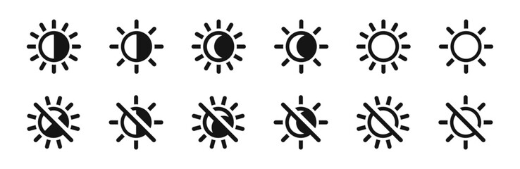 Screen brightness and contrast level settings. Brightness control icons set. Brightness icons. Contrast level icon.