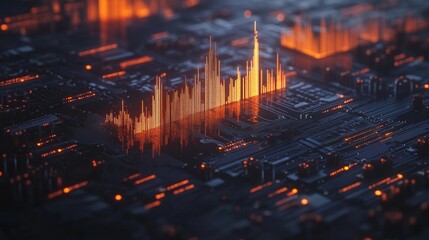 Abstract Financial Chart, Futuristic Technology With Glowing Orange Light Trails, And Data Analysis