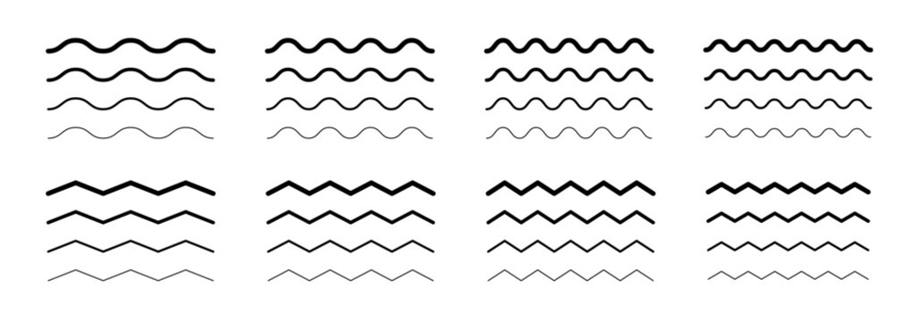 Vector zigzag lines. Curvy lines collection. Horizontal wave lines set. Zig zag wiggly lines. Wavy lines. Waves set