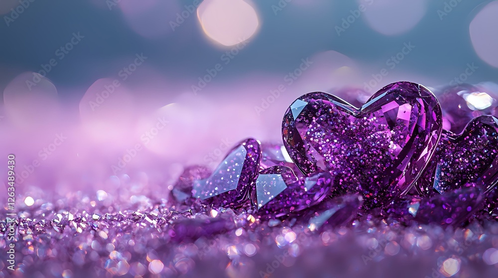 Aufkleber purple crystal heart on glittering surface with soft bokeh lights creating romantic atmosphere. drea