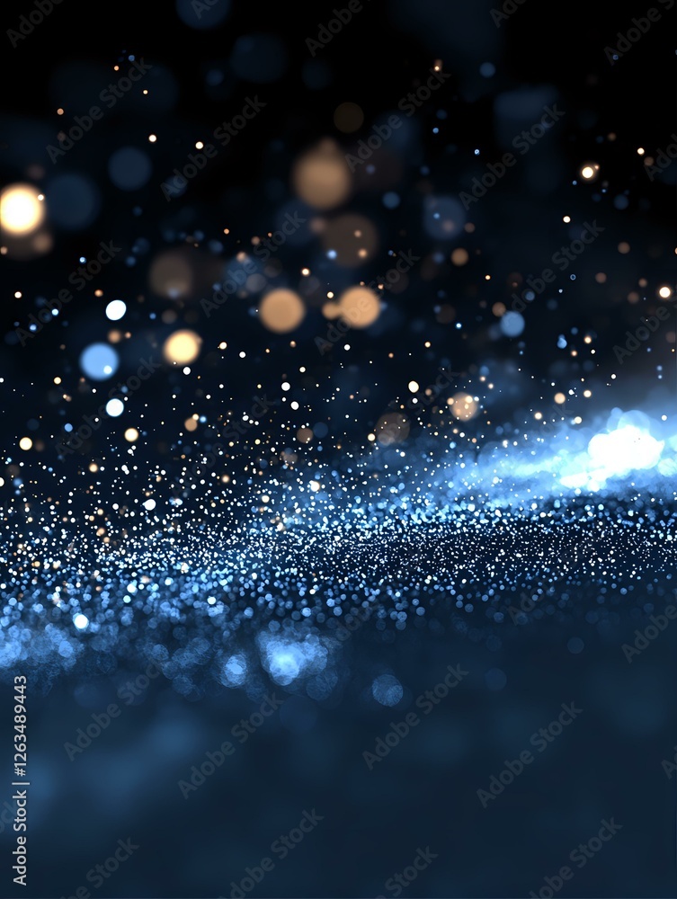 Poster magical glowing particles and bokeh lights scattered on dark background with blue luminous wave effe