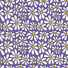 Floral Print with Outline White Black Yellow Flowers. Seamless Pattern with Chamomile Flowers on Purple Background. Summer Flowers. Sample can be used for Fabric, Cover, Mugs, Wrapping. Vector Image