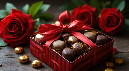 A variety of chocolates are beautifully arranged in a box, with a large red ribbon on top, surrounded by bright red roses and green leaves, creating a romantic and luxurious atmosphere.