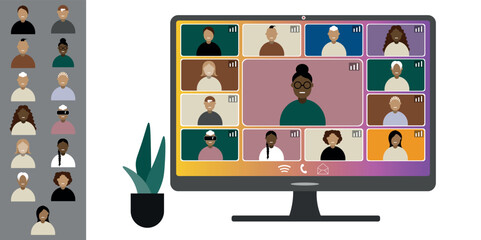 Video call conference, working from home. Colleagues of different nationalities and ages talk to each other on computer screen. Isolated illustration on white background in flat style trendy colors