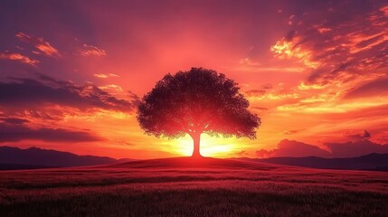 A serene sunset illuminates a solitary tree in a vast field, framed by majestic mountains in the distance, creating a tranquil landscape scene.