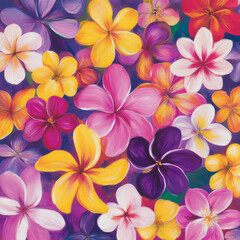 A vibrant, exotic floral illustration with tropical flowers like hibiscus, frangipani, and plumeria in rich shades of purple, pink, and yellow. The bold colors evoke the vibrancy of a tropical island.