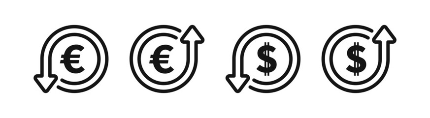 Currency exchange icons. Convert money, transfer cash, financial exchange. Exchange currency. Exchange dollar and euro icons