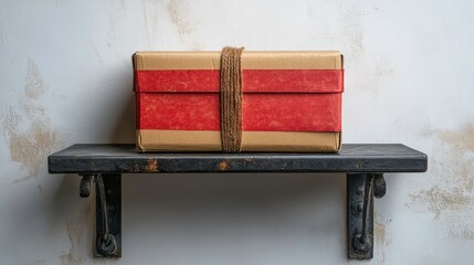 Industrial black metal shelf with contrasting red paper box mockup on white background