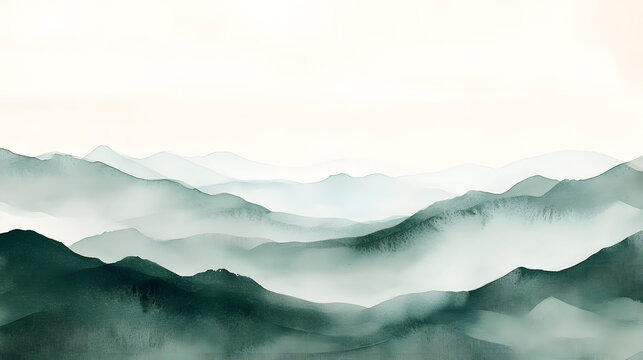 Abstract minimalist landscape painting with green watercolor mountains fading into a white background. Soothing and calming image, perfect for wall art or as a background for your designs