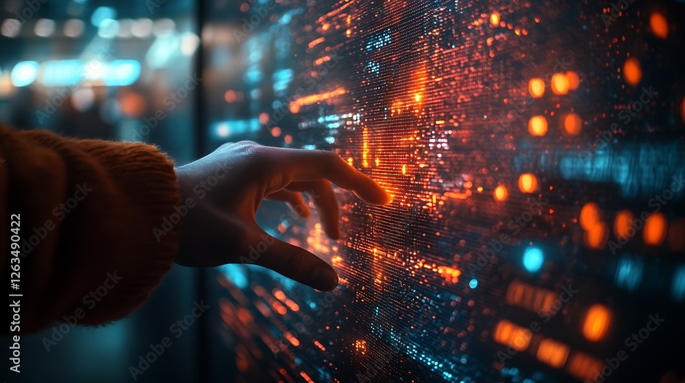 Poster hand interacting with a futuristic digital display showing glowing data streams.