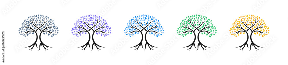 Poster tree icons. tree symbols. family tree. tree of life. tree silhouettes. tree with root. vector tree