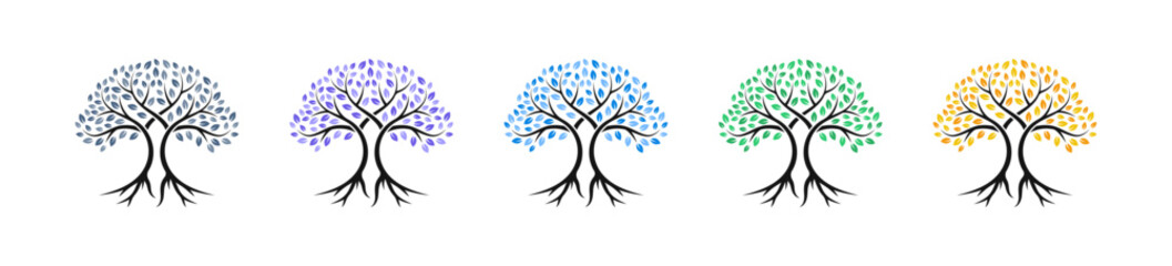 Tree icons. Tree symbols. Family tree. Tree of life. Tree silhouettes. Tree with root. Vector tree