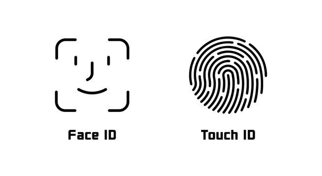 Face id and touch id. Face ID icon. Touch ID. Identification icons. Facial recognition system, identification face. Finger scanner. Biometric verification.