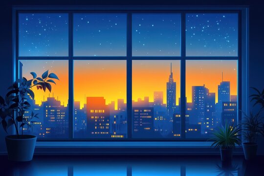 Fototapeta Window view shows cityscape during a vibrant sunset and stars