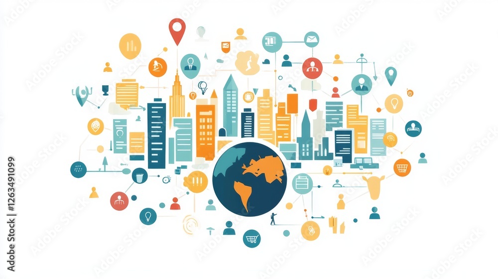 Poster creative image of cityscape and abstract globe with connected hr icons. global network concept