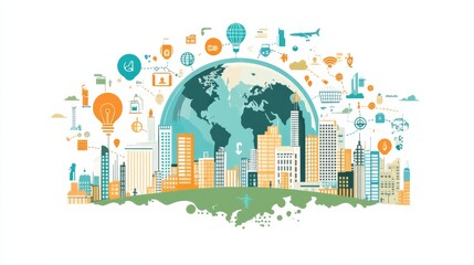 Fototapeta premium Creative image of cityscape and abstract globe with connected hr icons. Global network concept