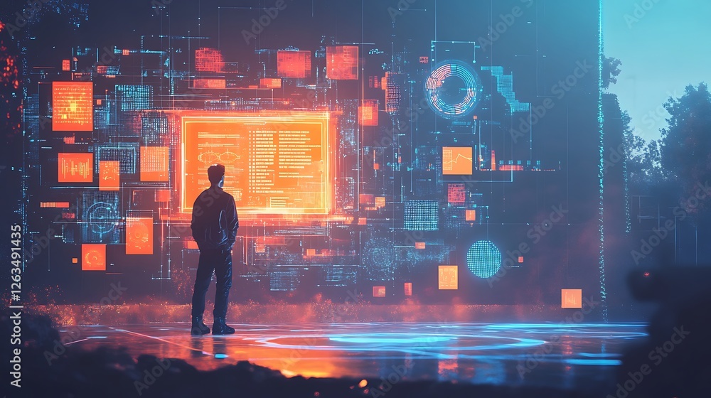 Aufkleber a person observes a futuristic, digital interface displaying data and code.