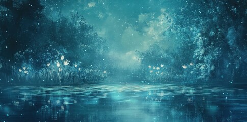 Serene blue landscape showing a lake under a night sky