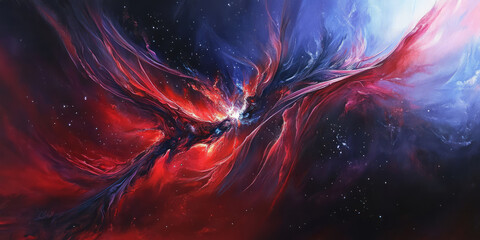 A luminous nebula in shades of deep sapphire and crimson, with gaseous tendrils stretching across the star-studded void.