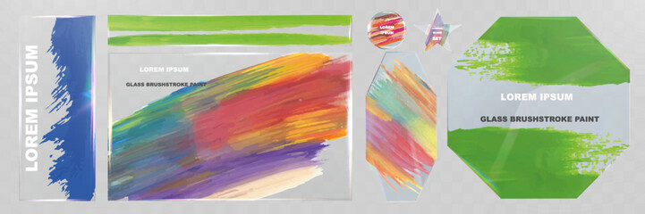 Obraz premium Glass brushstroke paint transparent shapes set. Modern abstract acrylic strokes on glass texture. Colorful artistic design elements for banners, labels, stickers.
