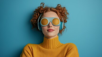 Smart sleep mask worn by a young woman in a cozy sweater against a blue background during a relaxing moment