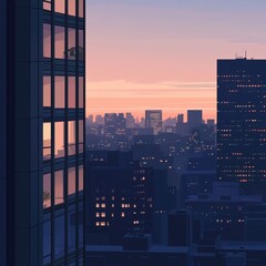 City buildings are silhouetted against a pastel colored sky