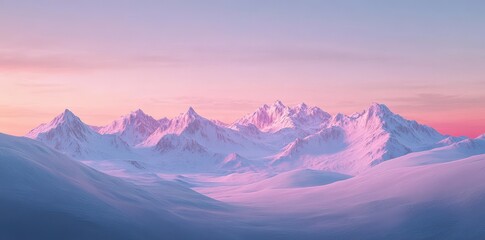 Snowy mountain range illuminated by a pink and purple sunset