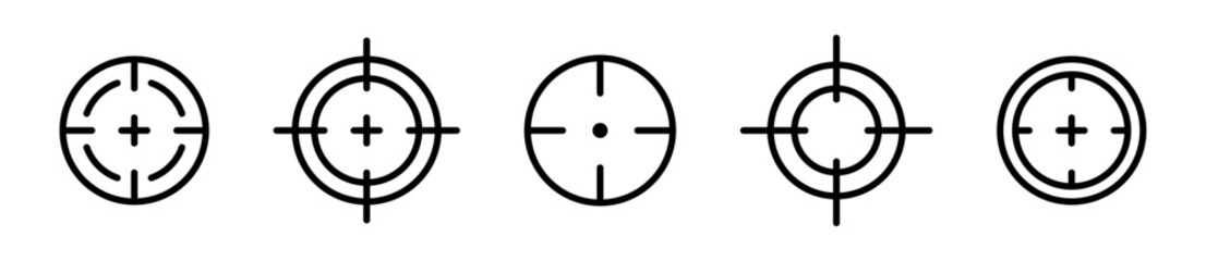Obraz premium Black aim icon set. Set of black sight icons. Crosshair, gun sight vector icons. Bullseye, black target or aim symbol. 