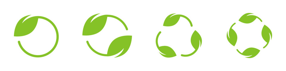 Recycling symbol leaves. Recycle, recycling, green, icon, eco, recyclable, leaf, leaves, ecology, waste, vector, symbol, recycled, organic, sign, ecological, environmental. Recycle icon set.