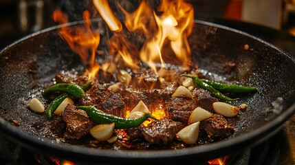 Sizzling beef flames dance with aromatic garlic and sizzling Padron peppers. A culinary masterpiece that captures the magic of fire-infused cooking.