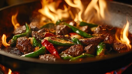 Sizzling beef flames dance with aromatic garlic and sizzling Padron peppers. A culinary masterpiece that captures the magic of fire-infused cooking.