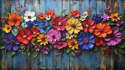 Spring flowers bloom in vibrant colors on a rustic wooden surface, creating a captivating display that evokes the joy of the season.