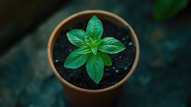 Close-up view of a vibrant basil plant growing in a small pot for home gardening enthusiasts