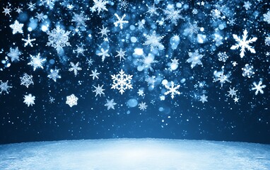 Winter snowflakes falling on dark blue background
