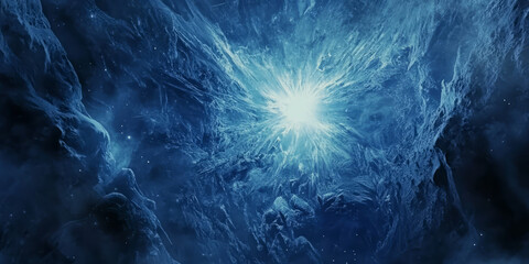 A frozen star casting eerie blue light upon a vast asteroid field, its icy surface crackling with mysterious cosmic energy.