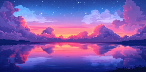 Animated landscape shows a colorful sunset reflecting on the water