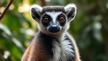 Obraz premium Close up of a Female Lemur with Intricate Fur and Clear Gaze in Lush Jungle