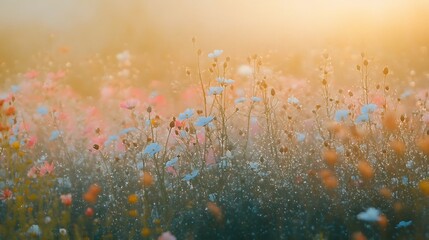 A wildflower-covered hillside with a view of rolling hills and a bright blue sky dotted with fluffy clouds