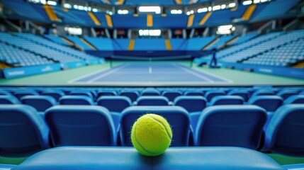 Obraz premium A close-up of a bright yellow tennis ball resting on a blue seat in an empty stadium, conveying a sense of anticipation. Relevance Defined, Minimalist Stillness