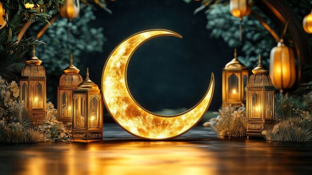 Illuminated Crescent Moon Lantern Festive Ramadan Night Scene Gold Lanterns