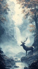 Majestic deer stands near misty waterfall in serene forest