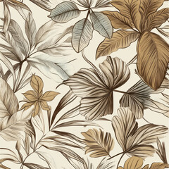 A vintage-inspired tropical botanical illustration with intricately detailed hand-sketched leaves and florals. Muted earth tones and fine line work evoke the elegance of antique botanical